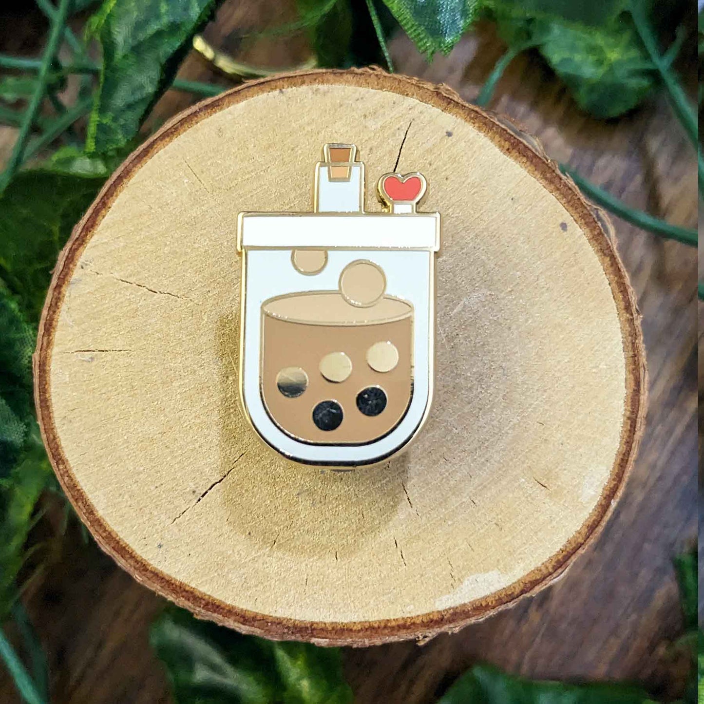 Original brown boba milk tea with red hear stopper enamel pin