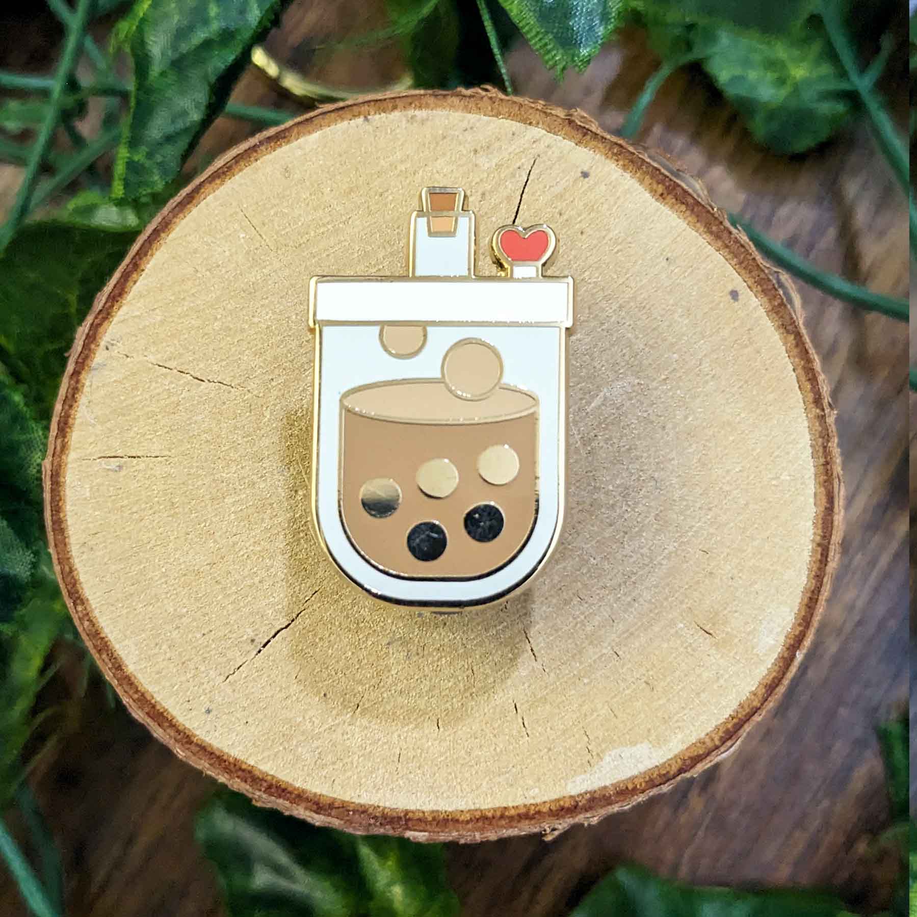 Original brown boba milk tea with red hear stopper enamel pin