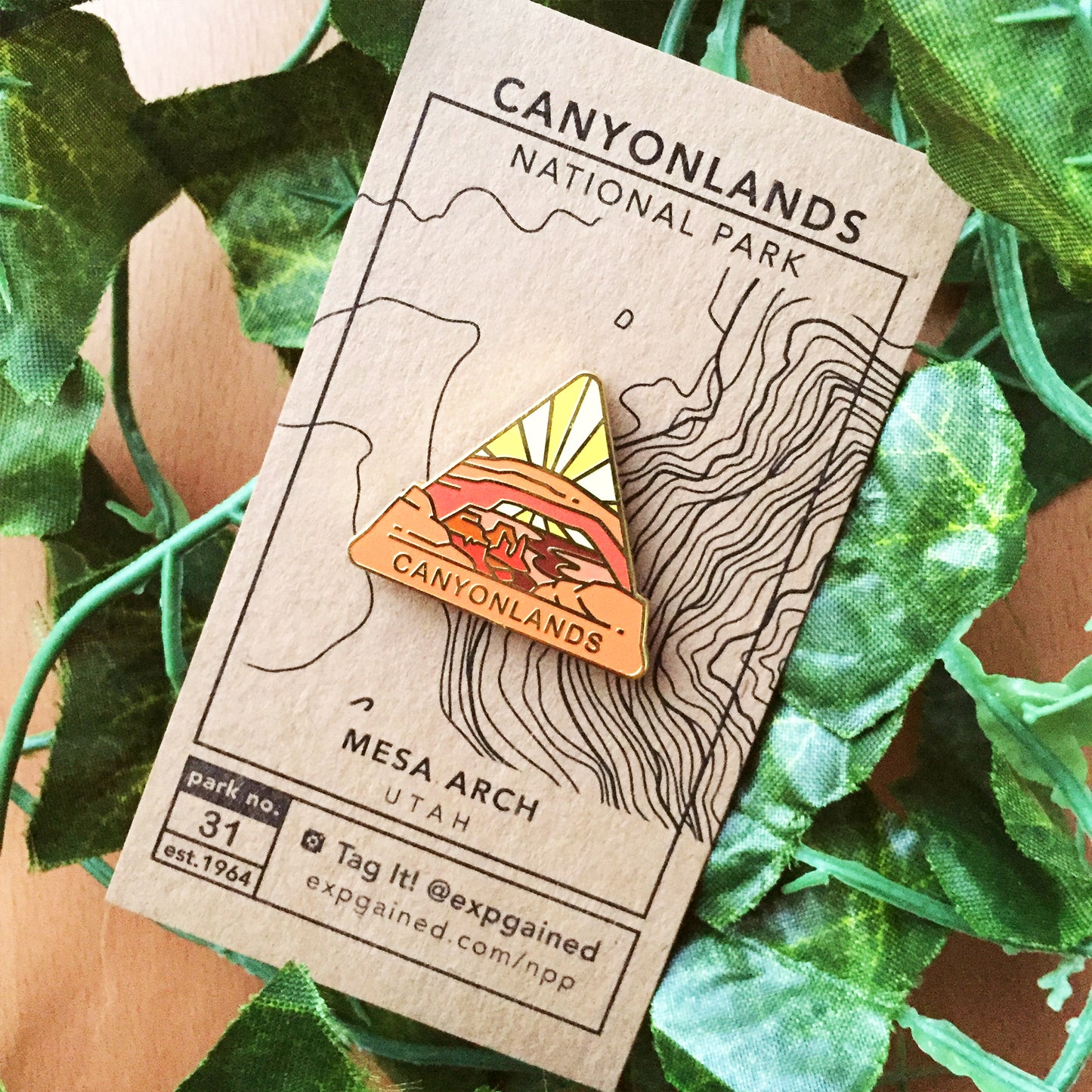 Triangle Canyonlands national park enamel pin featuring a view from the beehive hike on a brown business card size backing card with a topo map of the Mesa Arch location.