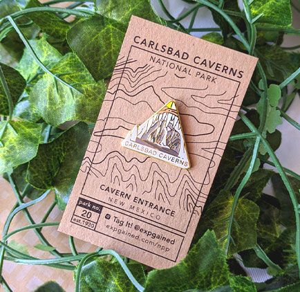 Triangle Carlsbad Caverns national park enamel pin featuring a view from the beehive hike on a brown business card size backing card with a topo map of the giant calcite and stalactite formations.