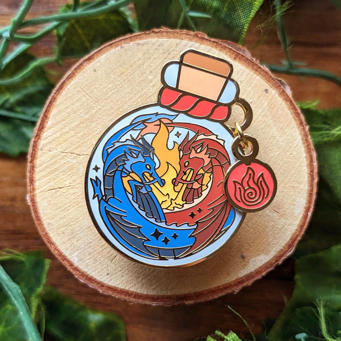 Fire Red Blue Twin Dragons Elemental Guardian Enamel Pin