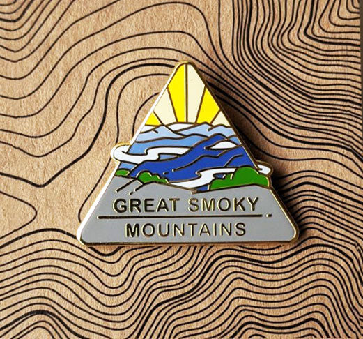 Triangle Great Smoky Mountains national park enamel pin featuring a views from Mount LeConte.