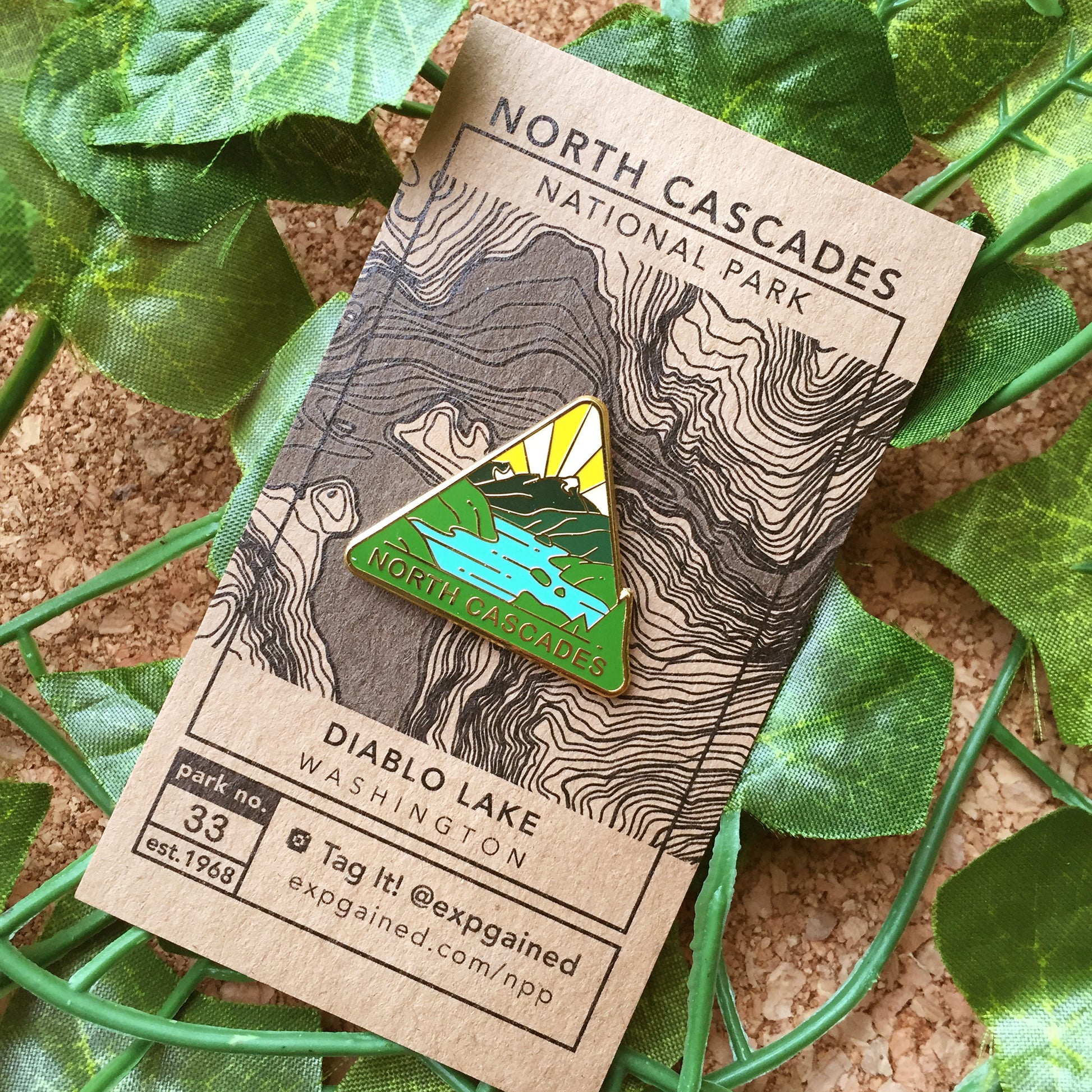Triangle North Cascades national park enamel pin featuring a view from the beehive hike on a brown business card size backing card with a topo map of Diablo Lake.
