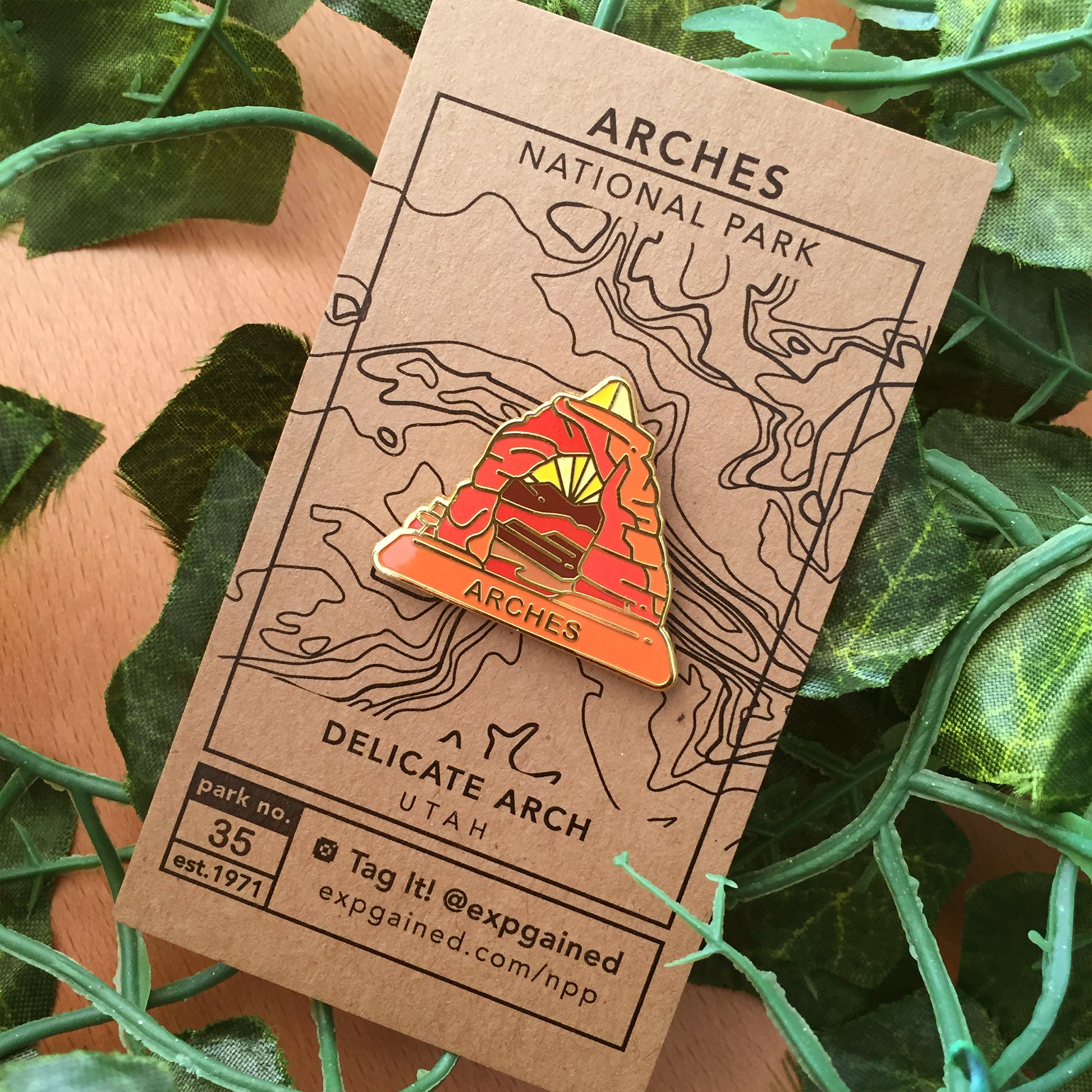 Triangle Arches national park enamel pin featuring a view from the beehive hike on a brown business card size backing card with a topo map of the Delicate Arch.