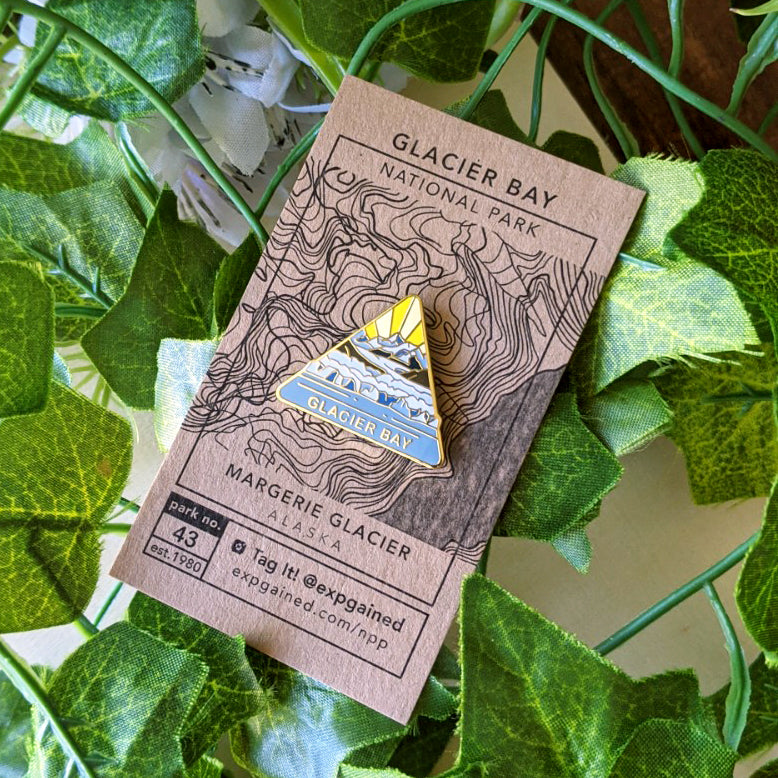 Triangle Glacier Bay national park enamel pin featuring a view from the beehive hike on a brown business card size backing card with a topo map of the Margerie Glacier.