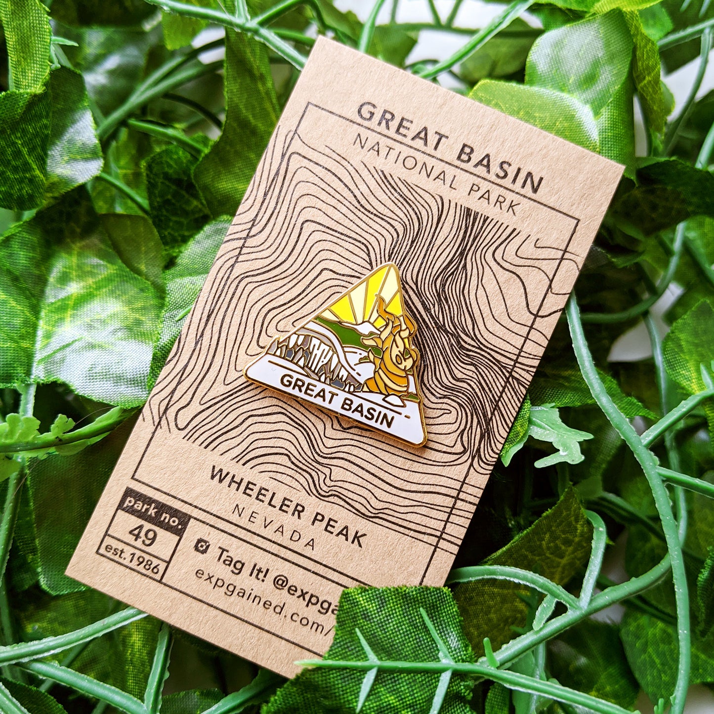 Triangle Great Basin national park enamel pin featuring a view from the beehive hike on a brown business card size backing card with a topo map of Wheeler Peak.