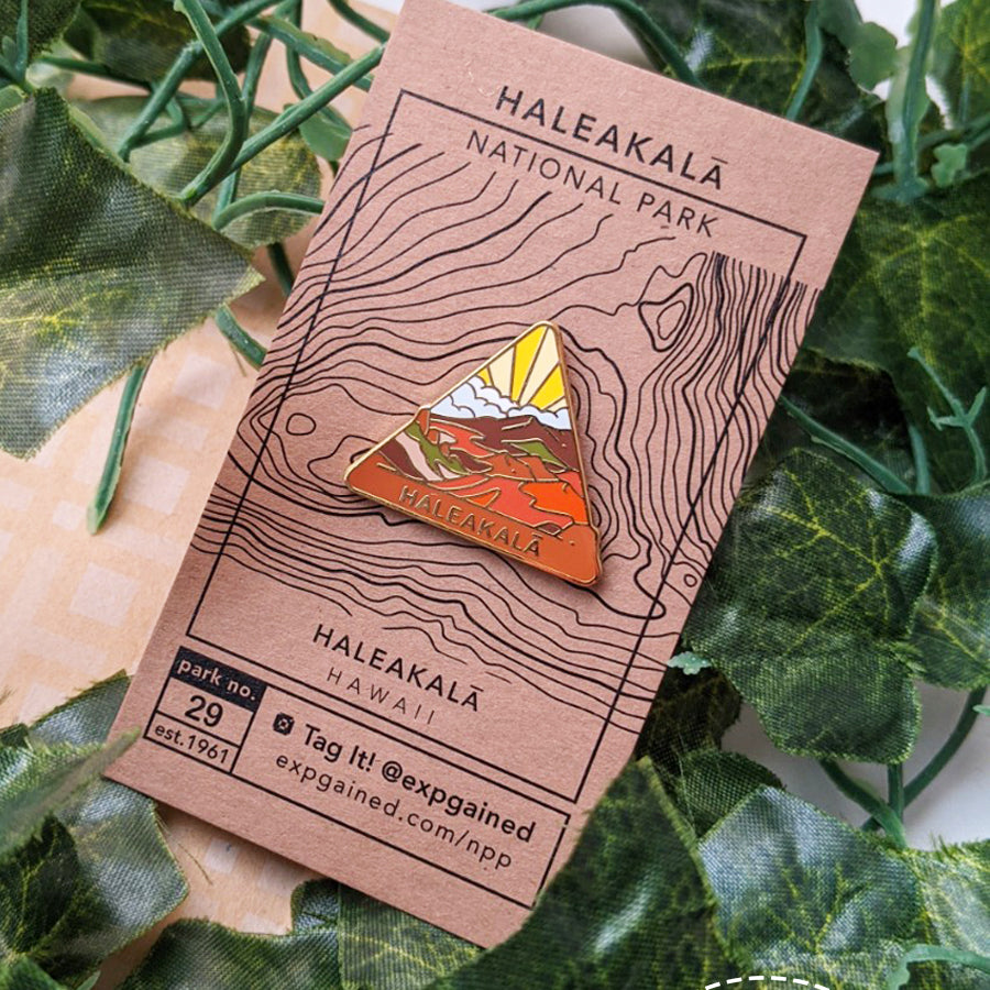 Triangle Haleakala national park enamel pin featuring a view from the beehive hike on a brown business card size backing card with a topo map of Haleakala mountain.