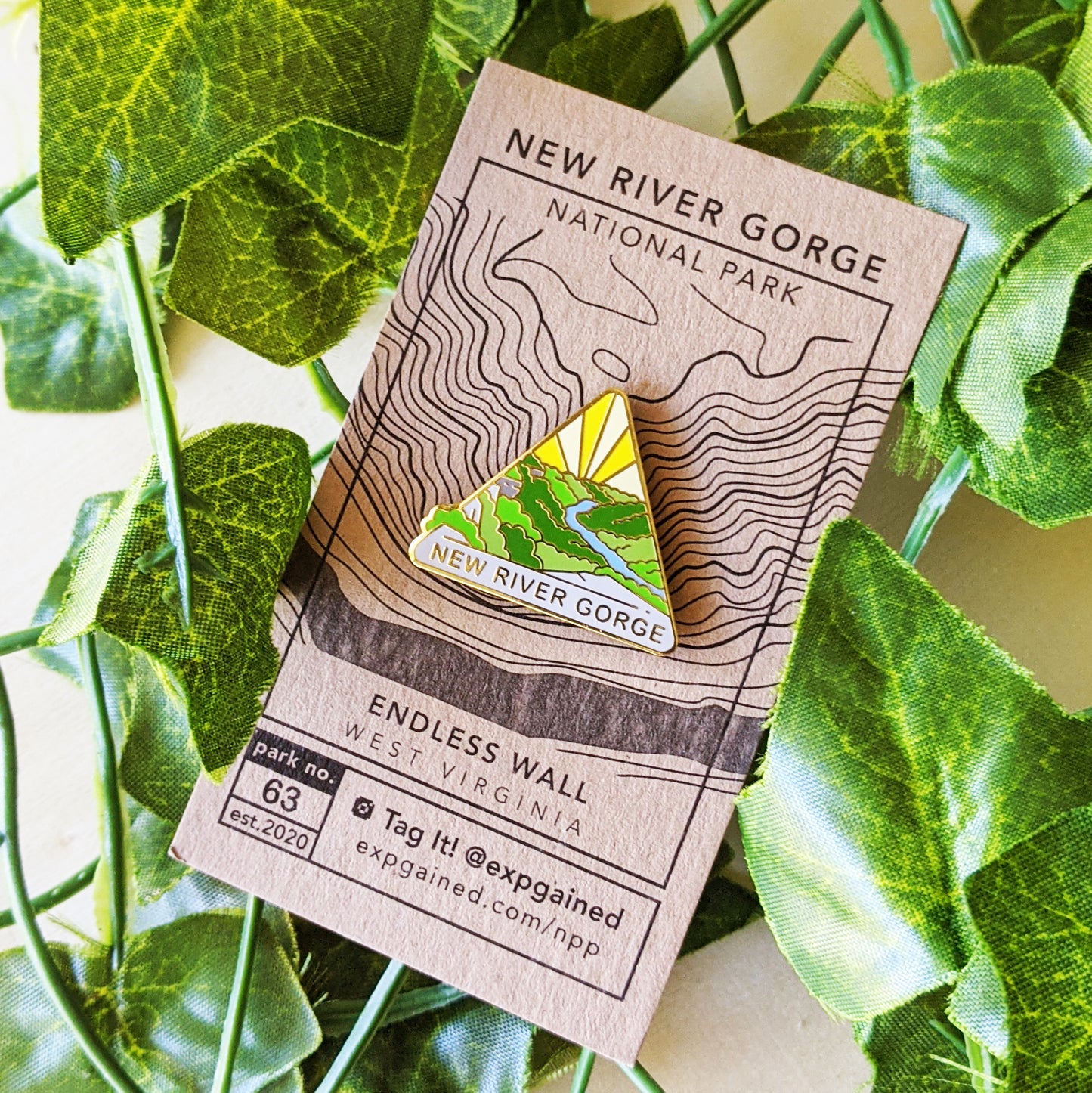 Triangle New River Gorge national park enamel pin featuring a view from the beehive hike on a brown business card size backing card with a topo map of Endless Wall.